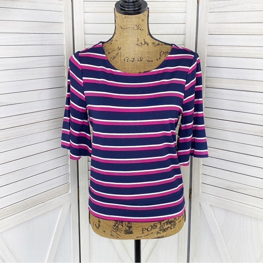 Chico's Striped Flare Sleeve Knit Shirt Blue Pink 0 Small 4